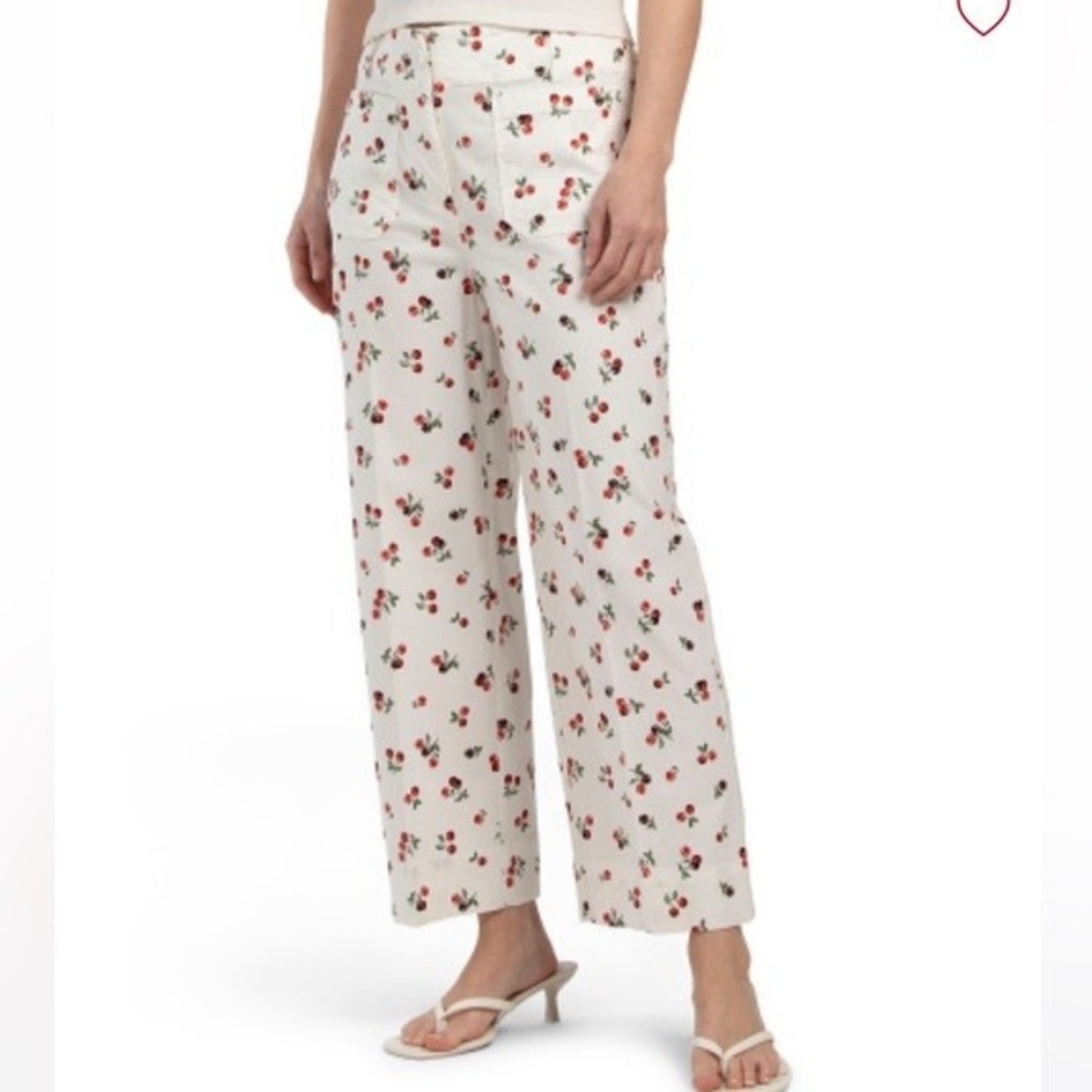Nicole Miller New York Cherry Print Crop Pants White Red Fruit Capris Size 8